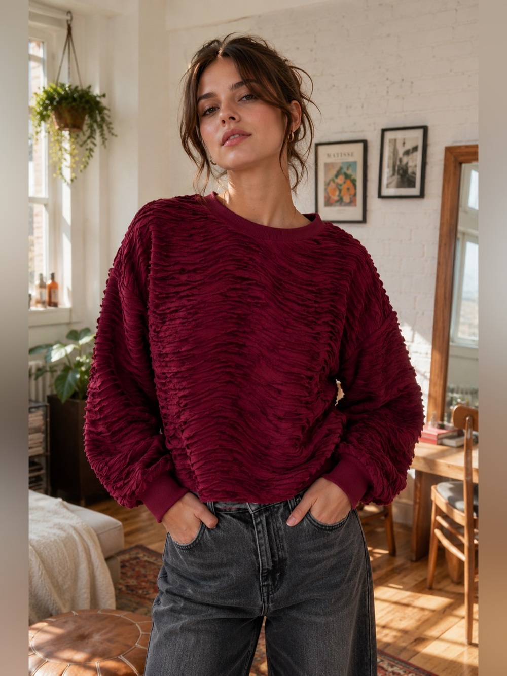 Zara Burgundy Ribbon Ruffle Long Sleeve Sweatshirt Size Small